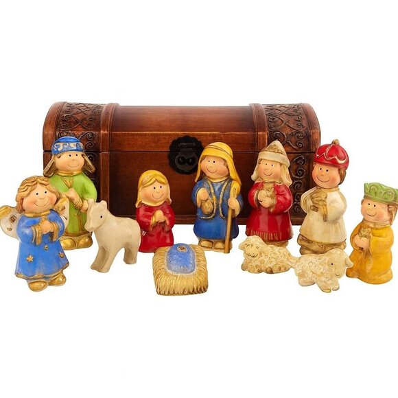 Enesco Other - 2004 Enesco Nativity Scene Set of 12 w/ Wooden Storage Box – Vintage Ceramic Fig